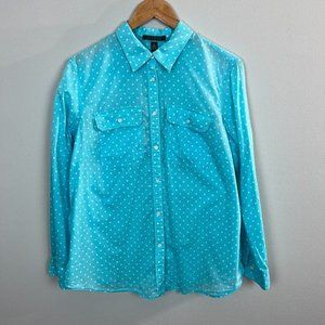 LRL Ralph Lauren Button Up Shirt 1X Blue Polka Dot Long Sleeve Top Plus Womens‎